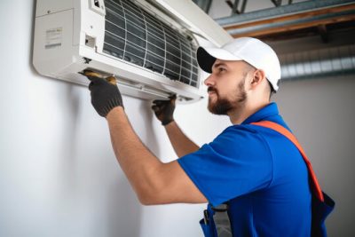 360_F_621046421_Vcay4nYa8ozdeodOQVDfES6MRrC6N3b8 Air conditioning technician servicing a wall-mounted AC unit in Laveen, AZ